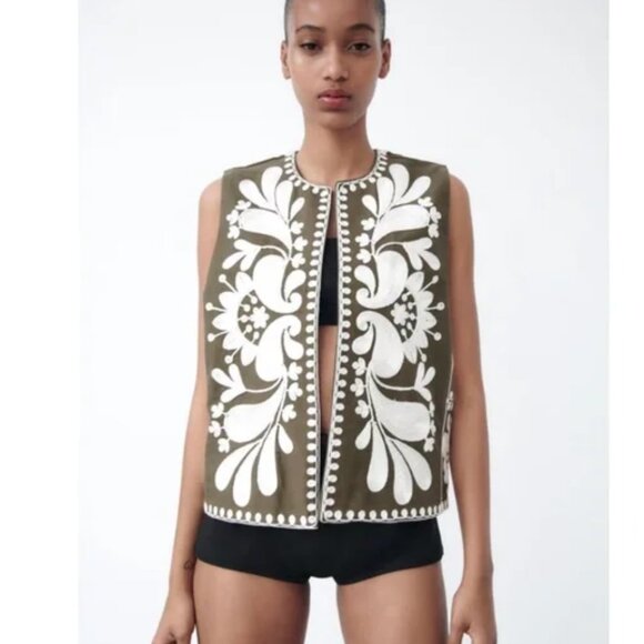 Zara CONTRAST EMBROIDERED VEST Olive Green/White Size M - Picture 7 of 16